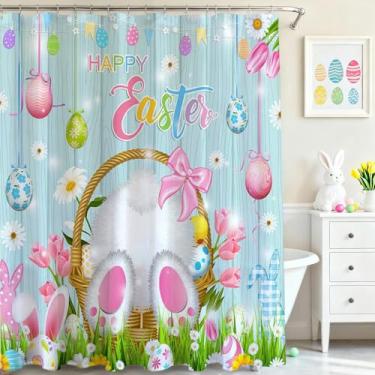 Imagem de Mocsicka Cortina de chuveiro de Páscoa, ovos de páscoa, coelhinho, prancha, banheiro, cortina de chuveiro de tecido impermeável para primavera, férias, decoração de banheira com 12 ganchos 182 x 182