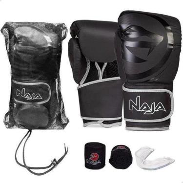 Imagem de Kit Naja Luva Boxe+Bandagem+Protetor Bucal-Preto/Prata-Tam 14 Oz-Unissex