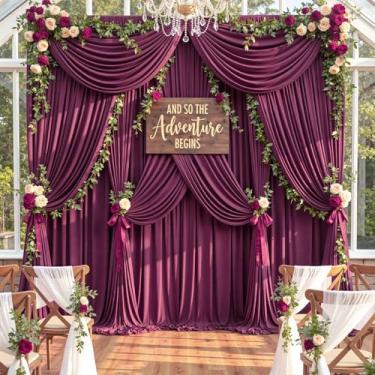 Imagem de Cortina de fundo borgonha sem vincos, 6 m x 3,7 m, 4 painéis de 3,5 m de altura, pano de fundo de poliéster sedoso para fotos de aniversário, pano de fundo de festa drapeado