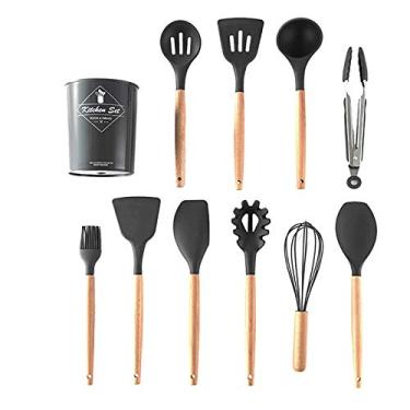 Imagem de Conjunto de utensílios cozinha com 11 peças balde armazenamento cabo madeira silicone gadgets térmicos fáceis limpar para cozinhas residenciais restau
