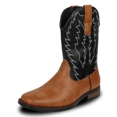 Imagem de Botas masculinas caubói pretas estilo faroeste, bico quadrado, salto grosso, durável, retrô, cano médio, bico quadrado, clássico, bordado, cavaleiro, Marrom, 40 BR