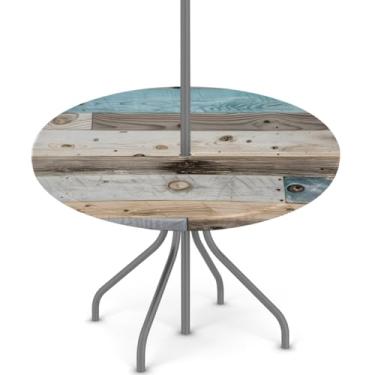 Imagem de Pardick Toalha de mesa redonda para uso ao ar livre com orifício de guarda-chuva de 91,4 a 111,8 cm, com zíper, design de madeira, toalha de mesa redonda, impermeável, com zíper, para pátio