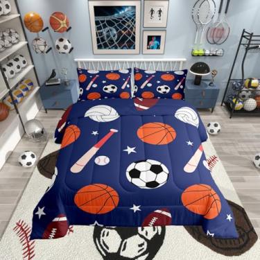 Imagem de Erosebridal Jogo de cama solteiro com estampa de bola, basquete, beisebol, vôlei, rúgbi, futebol, futebol, futebol, para meninos e adultos, jogos de bola, edredom azul marinho