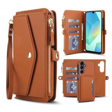 Imagem de Capa carteira para Samsung Galaxy A14 4G/5G, capa flip magnética destacável com compartimentos para cartões, bloqueio RFID, suporte e alça de pulso, capa protetora para celular (marrom)