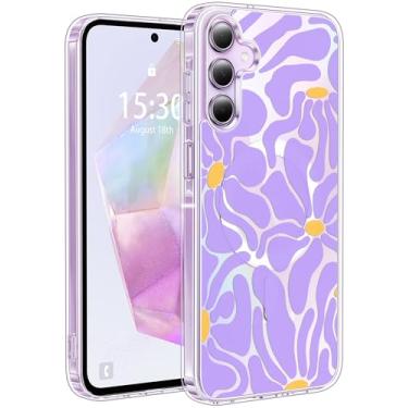 Imagem de Jkvare Capa para Samsung Galaxy A35 compatível com MagSafe, capa protetora magnética sem fio com padrão estético cristalino para mulheres e meninas - flores roxas
