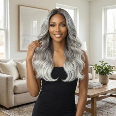 Imagem de Peruca de cabelo humano ondulado frontal de 66 cm, sem cola, 33 x 10 cm, sem cola, peruca de cabelo natural pré-arrancada para mulheres, cinza prateado gradiente