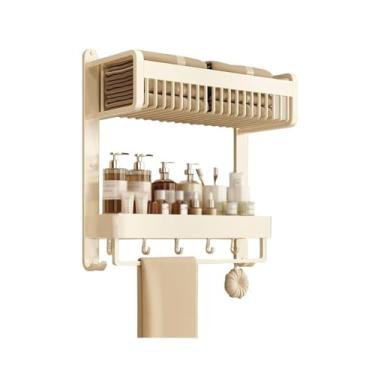 Imagem de Rack de armazenamento de chuveiro com 2 níveis de armazenamento de banheiro integrado, rack de chuveiro de banheiro montado na parede com barra de toalha e ganchos, organizador de chuveiro de banheiro