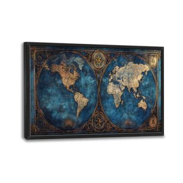 Imagem de Arte de parede de mapa mundial para sala de estar, grande mapa do mundo, decoração de parede em tela, imagens de mapas vintage, arte moderna para escritório, banheiro, quarto, 91 cm x 60 cm L