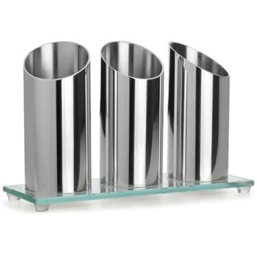 Imagem de Porta Talheres de Mesa Inox com Base de Vidro Luxo, 3 Compartimentos, Simples e Moderno, 24x16x8,5cm, Pés Antiderrapantes F. Collection Cozinha