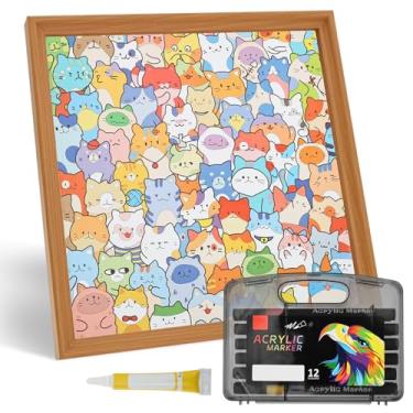 Imagem de Quebra-cabeça de madeira para colorir, kit de desenho de quebra-cabeça de madeira DIY 3 em 1, moldura para fotos de quebra-cabeça de gato ou cachorro pintável com 12 marcadores de cores e cola, artes