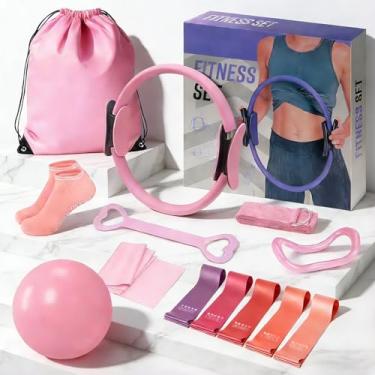 Imagem de SUOOCH Conjunto de anéis de Pilates para mulheres, conjunto de equipamentos de pilates, kit de pilates para exercícios domésticos com faixas de resistência, círculo mágico de 35,5 cm, mini bola