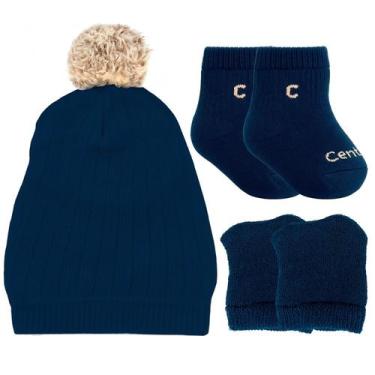 Imagem de Conjunto Touca + Luva + Meia Para Bebês Recém-nascido Cor Azul - Cento