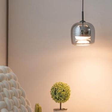 Imagem de Lustre pendente LED moderno com cúpula de vidro ajustável, luminária de teto redonda com abajur de vidro preto para sala de jantar, quarto, cozinha, ilha, hall de entrada.