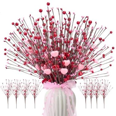 Imagem de Galetcy Escolhas para o Dia dos Namorados, 8 peças, corações artificiais, flores e frutos silvestres, palitos florais para arranjos de flores, palitos de coração para presentes de decoração de vaso de