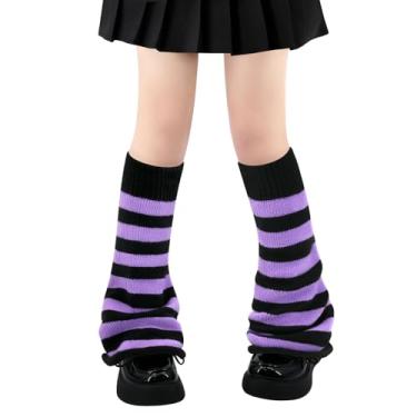 Imagem de Polainas para mulheres, meninas, estilo japonês, lolita, meias longas de malha kawaii, meias góticas Harajuku, cobertura de perna, Listras pretas e roxas, Tamanho Único