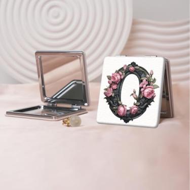 Imagem de Espelho de maquiagem portátil de couro PU retrô europeu com letras florais, mini espelho dobrável de mão dupla face, quadrado para retoque, presente ideal para todas as ocasiões