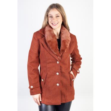 Imagem de Casaco feminino lã batida sintética com gola de pelo removível 84209