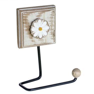 Imagem de Porta Papel Higiênico De Madeira E Ferro Rustico Flor Branca