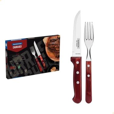 Imagem de Jogo De Talheres Jumbo Tramontina Churrasco Aço Inox Cabos Madeira Polywood Vermelho 12...