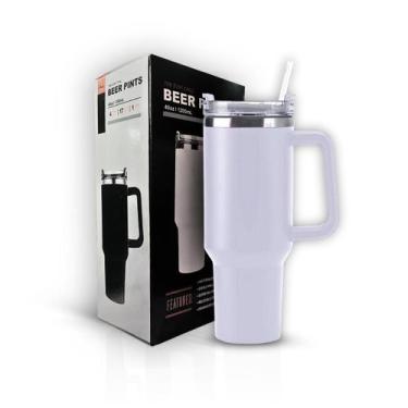 Imagem de Copo Térmico com Canudo Parede Dupla Branco Grande 1200 Ml - Compre Já