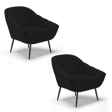 Imagem de Kit 02 Poltronas Giovana Linho Preto A79 Pés Palito de Ferro - D'Rossi