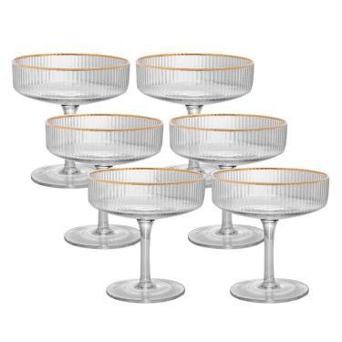 Imagem de Jogo 6 Taça De Vidro Coupe Com Borda Dourada Lines Canelada Para Drinks Sobremesa Wolff 200ml