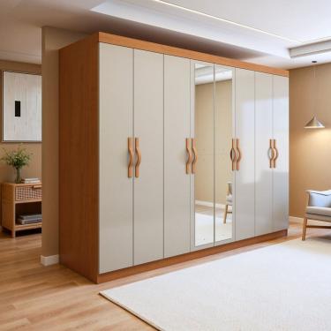 Imagem de Guarda-roupa Casal 8 Portas 6 Gavetas com Espelho Mdf Serenata Amêndoa Clean/Off White