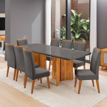 Imagem de Conjunto Sala de Jantar 8 Lugares Retangular Tampo de Vidro Mdf Chelsea Mel/Grafite/Cinza