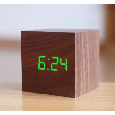 Imagem de Relogio Despertador Digital Cubo Led Mesa Sound Control Cor:Marrom