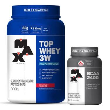 Imagem de Kit Top Whey 3W - 900g Morango + BCAA 2400 - 60 Cáps - Max Titanium