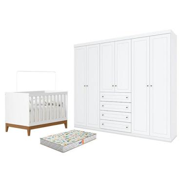 Imagem de Berço Americano Flip Branco Acetinado Reller E Guarda Roupa Casal Americano 6 Portas Branco Hp E Colchão Gazin - Henn