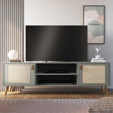 Imagem de Rack Viena Com Pés De Madeira Tela Natural e Couro 180cm