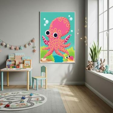 Imagem de Quadro Decorativo Polvo Rosa Infantil 70x50cm Mold Branca - Quadros On