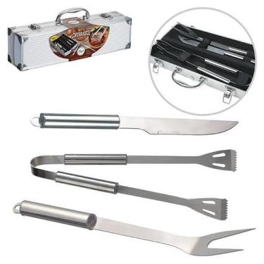 Imagem de Kit churrasco c/ 3 peças faca garfo pegador c/ maleta aço inox - art h
