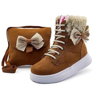 Imagem de Kit Bota Infantil Menina Cano Alto Com Bolsa Laço Inverno Confortável 
