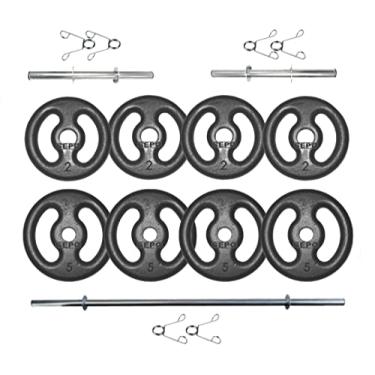 Imagem de Kit Anilhas Ferro Fundido 28 Kg + Barras com Presilhas