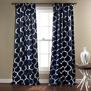 Imagem de Lush Decor Conjunto de cortinas de treliça Geo para sala de estar, jantar, quarto (par), 213 x 132 cm, azul-marinho