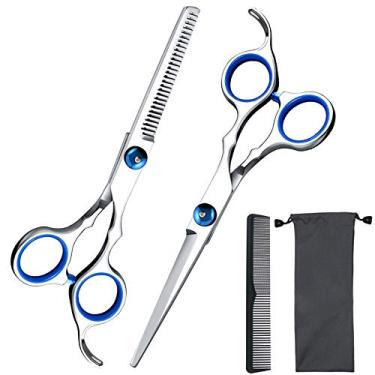 Imagem de Conjunto de tesouras de corte de cabelo, ekuci Professional Home Haircut Tesoura de desbaste Kit com pente grátis e bolsa de armazenamento para homens mulheres salão de casa kit de corte de barbeiro (prata)