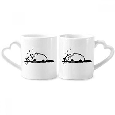 Imagem de Conjunto de canecas de porcelana para casal, linha sorridente de gato encaracolado com alça de coração