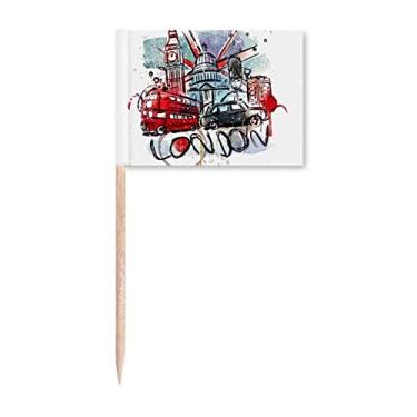 Imagem de Ônibus de Londres Big Ben Reino Unido Aquarela Palito de Dentes Marcadores Topper Decoração de Festa