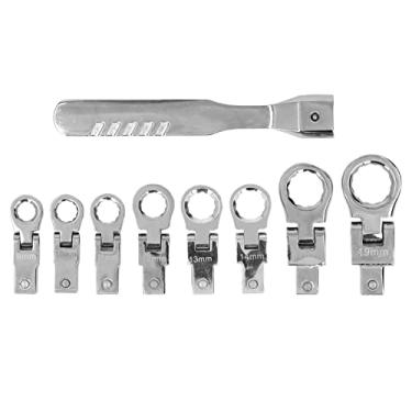 Imagem de Conjunto de chaves combinadas de catraca de cabeça flexível com 9 peças, kit de chaves de catraca destacável SAE de 6 a 19 mm CR V, 1 cabo de chave e 8 cabeças de chave