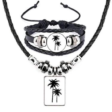 Imagem de Conjunto de joias de couro com silhueta de coqueiro, planta e praia