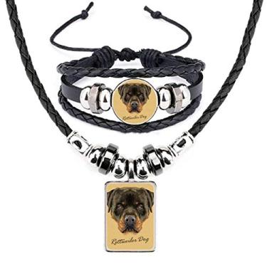 Imagem de Black Feroz Rottweiler Dog Pet Animal Couro Colar Pulseira Joias Conjunto