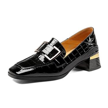 Imagem de TinaCus Sapato feminino casual de couro envernizado com bico quadrado feito à mão com fivela e salto baixo grosso, Preto, 9.5