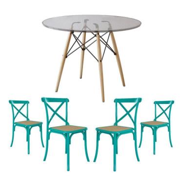 Imagem de Conjunto De Mesa Eiffel Redondo Tampo De Vidro 110Cm Com 4 Cadeiras Katrina Azul Turquesao Be