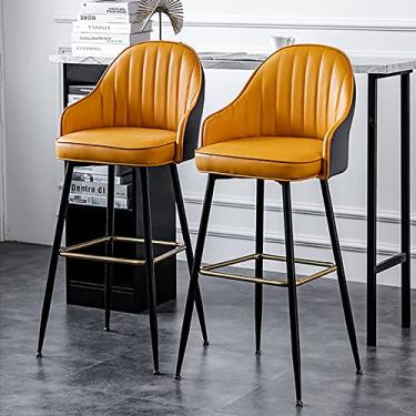 Imagem de Cadeiras de jantar cadeiras de sala de jantar elegantes bancos de bar de café da manhã conjunto de 2, cadeiras de bar de altura fixa, assento de couro PU, pernas e apoio para os pés de metal preto, altura 65/75 cm, laranja está tudo bem