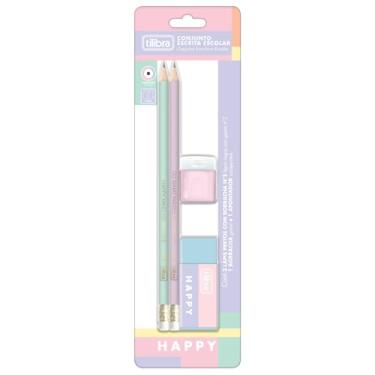 Imagem de Tilibra - Conjunto Escrita Escolar Happy, Lapis, apontador e borracha - Blister com 4 unidades
