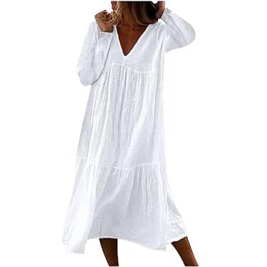 Imagem de Vestido feminino casual solto com decote em V e manga comprida vestido de praia vestido de amamentação para mulheres, Branco, GG