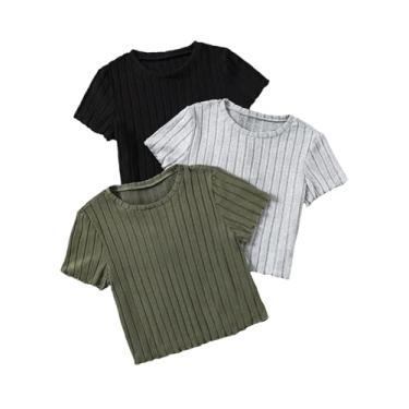 Imagem de Milumia Pacote com 3 camisetas femininas de manga curta com acabamento de alface canelada, Preto, verde, cinza, 13 Anos