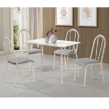 Imagem de Conjunto Sala de Jantar Mesa 100x60cm com 4 Cadeiras Flora Aço Nobre Móveis Cinza/Off White